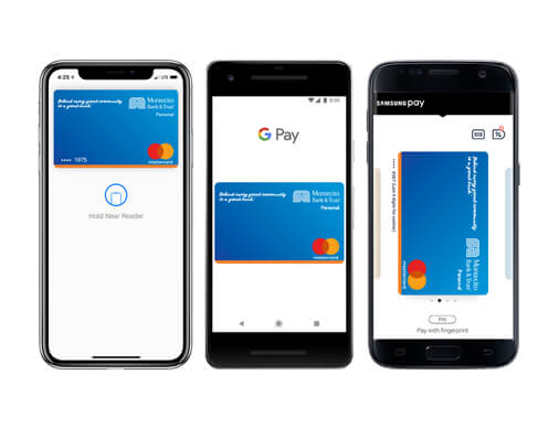 Three phones showing Apple Pay, Samsung Pay and Google Pay.